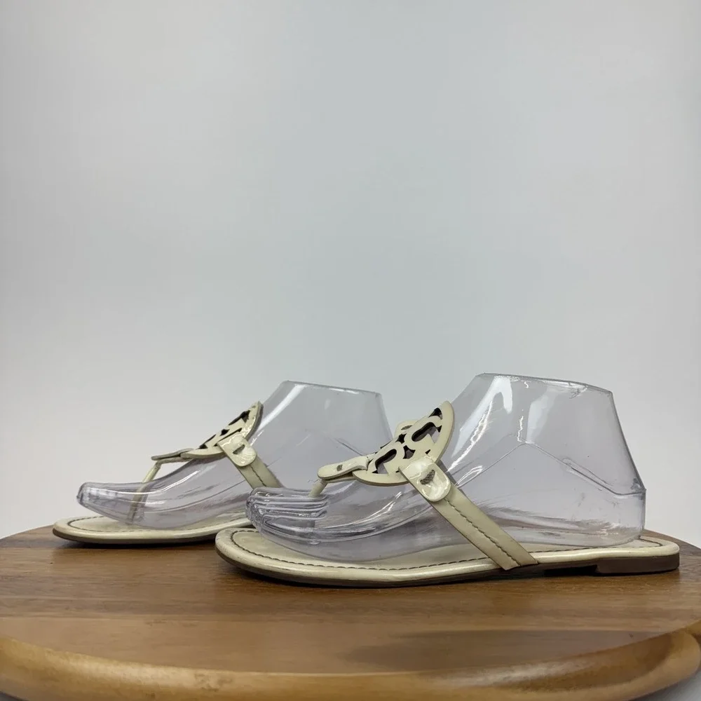 Womens Tory Burch Miller Thong Beige Leather Flip Flops Shoes Sandals Size 8.5 M